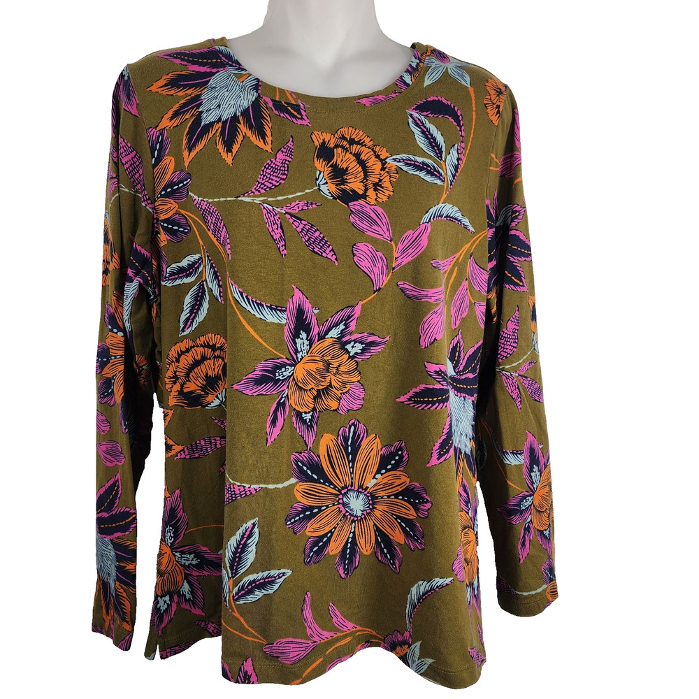 Denim & Co Printed Perfect Jersey Long Sleeve Top Size M Olive Orange Pink Knit